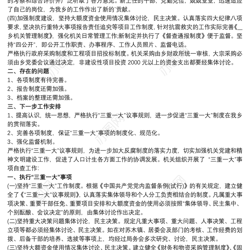 三重一大执行情况自查报告三篇