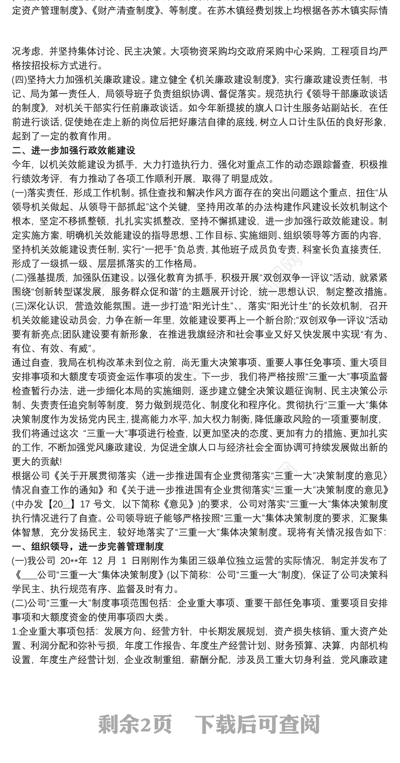 三重一大执行情况自查报告三篇