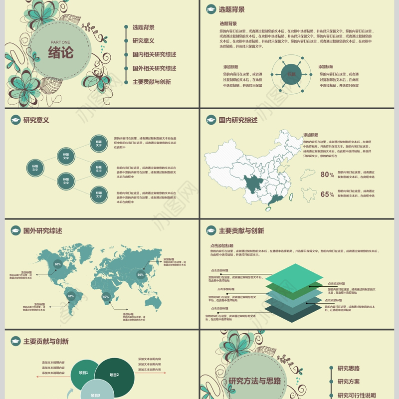 复古花纹素雅毕业论文答辩通用PPT模版