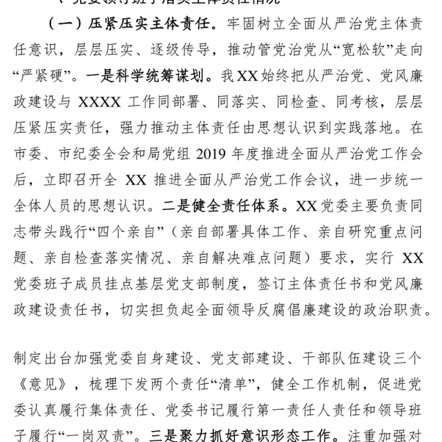 公文写作范文2019年半年落实从严治党主体责任情况报告