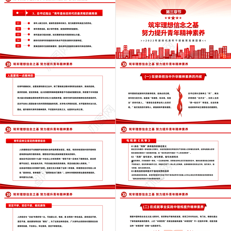 2022青年精神素养提升PPT红色简约风新时代青年干部教育党课团课课件模板