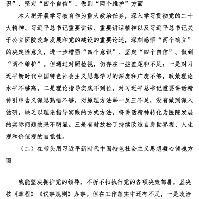 2023年民主生活会六个带头个人对照检查材料2022年度六个方面两个确立思想凝心铸魂全面领导改革发展稳定斗争精神从严治党责任等方面
