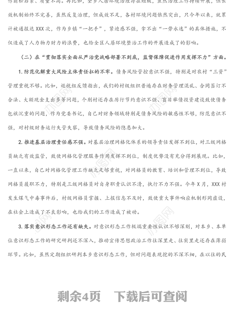 乡镇党委书记在市委巡视整改专题民主生活会上的个人发言提纲