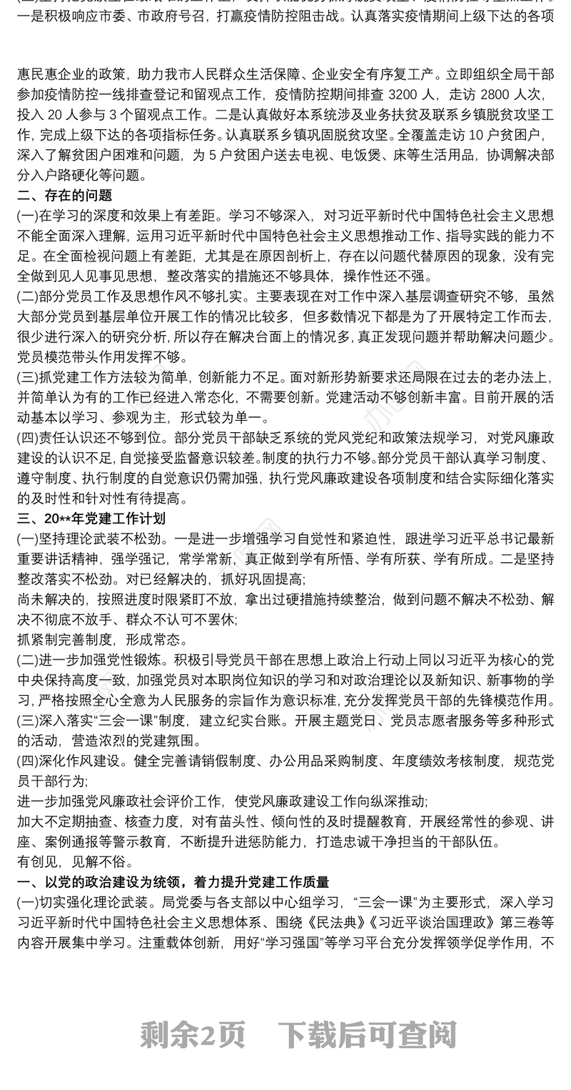 202120xx年市局党组党建工作总结及20xx年工作计划