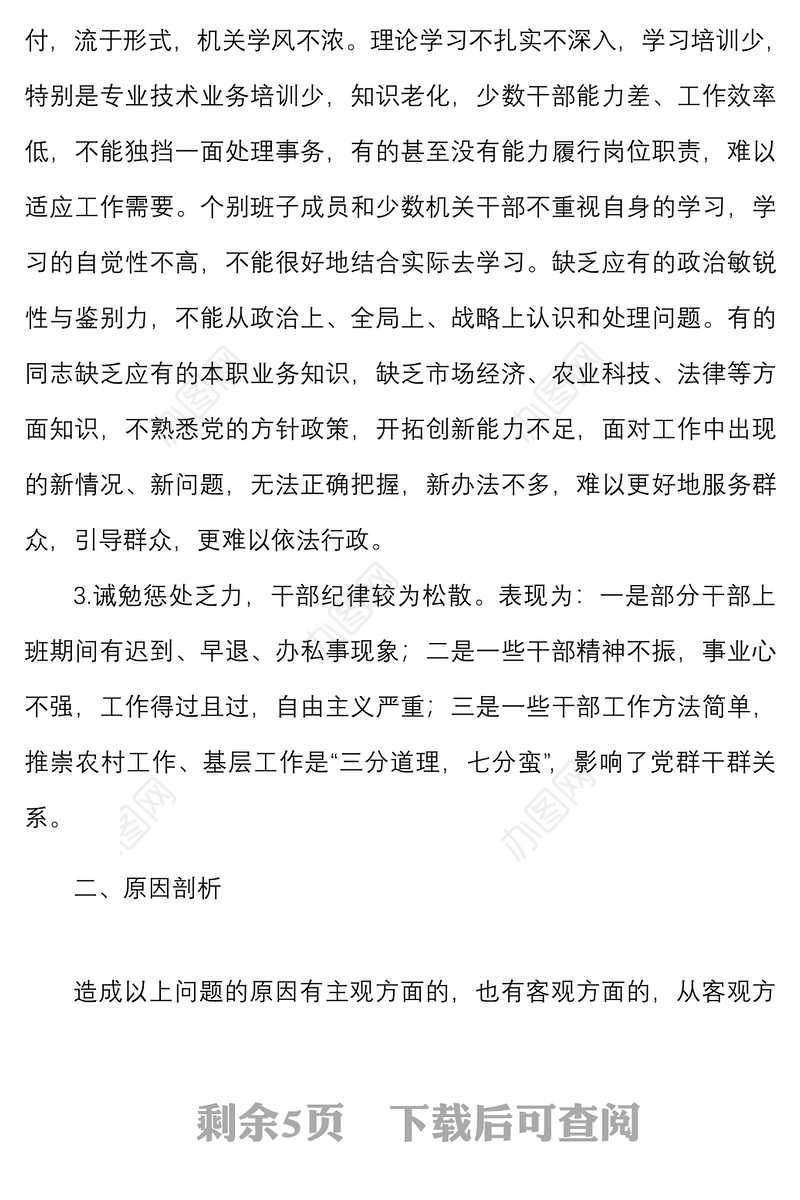 乡镇班子能力作风建设年活动自查剖析材料范文班子对照检查检视剖析材料发言提纲