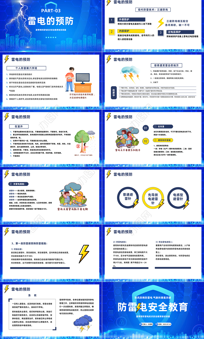 2023防雷电安全教育PPT卡通风夏季预防雷电知识安全教育培训讲座课件模板