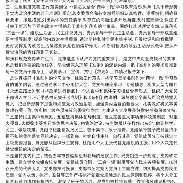 关于贯彻落实《关于新形势下党内政治生活的若干准则》情况总结新形势政治生活