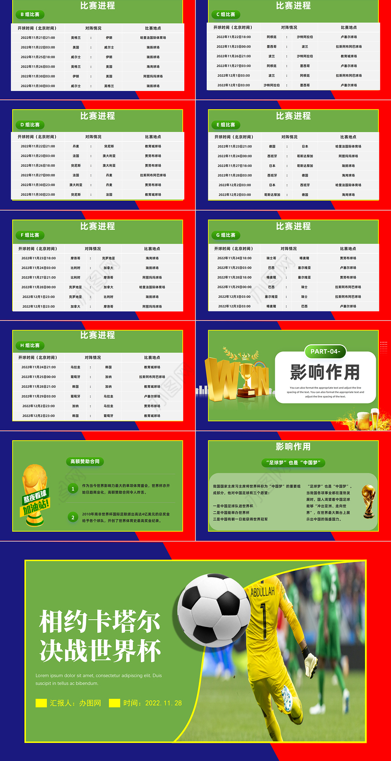 2022世界杯PPT绿色简约风卡塔尔世界杯比赛介绍课件模板