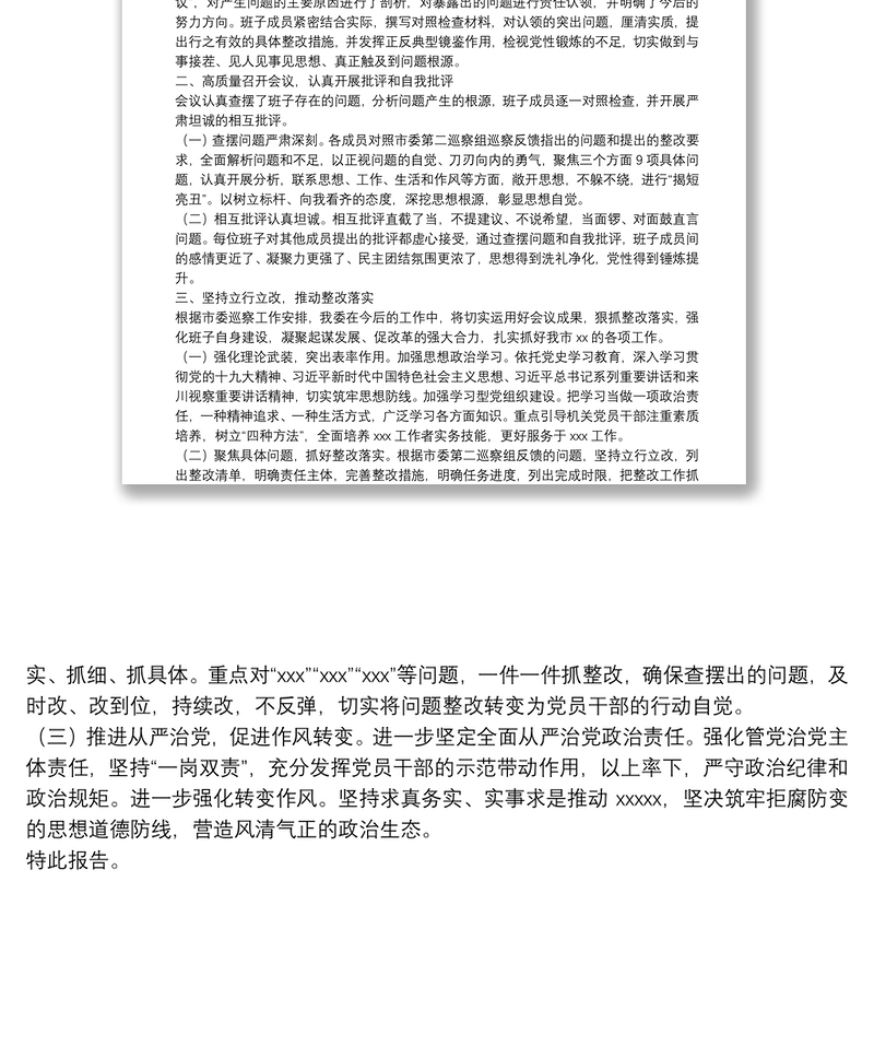 关于召开巡察整改专题民主生活会情况的报告
