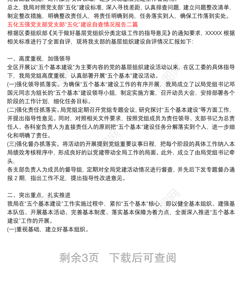 五化五强党支部党支部“五化”建设自查情况报告三篇