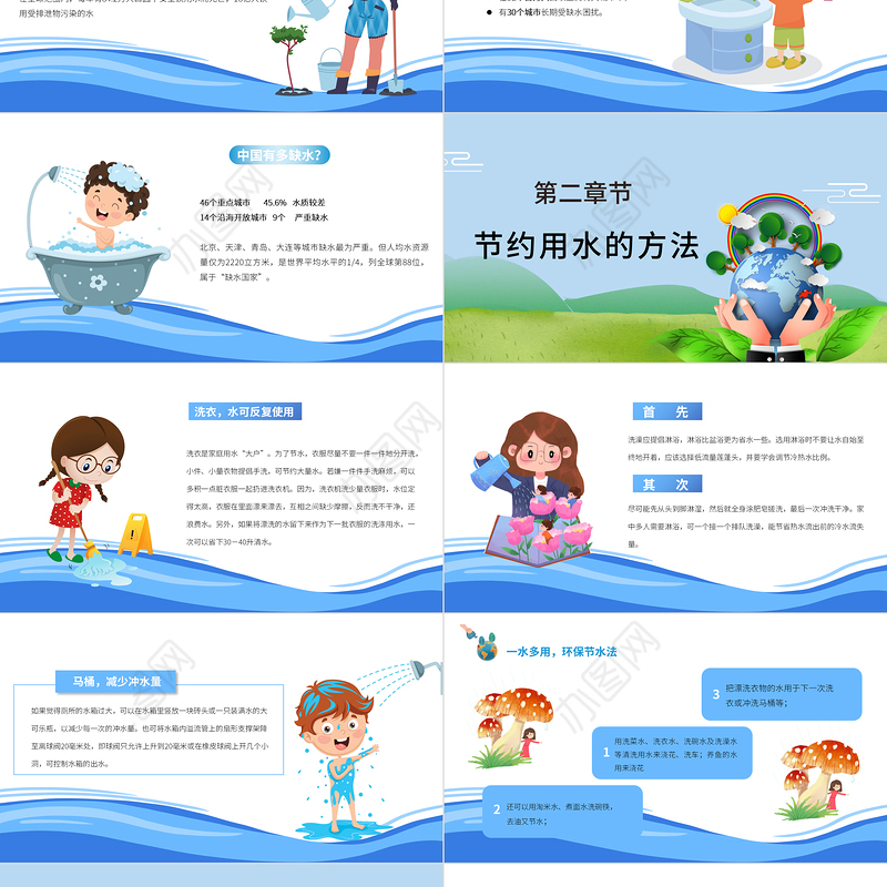 2022节约用水PPT简约卡通风爱护环境节约用水主题班会课件模板
