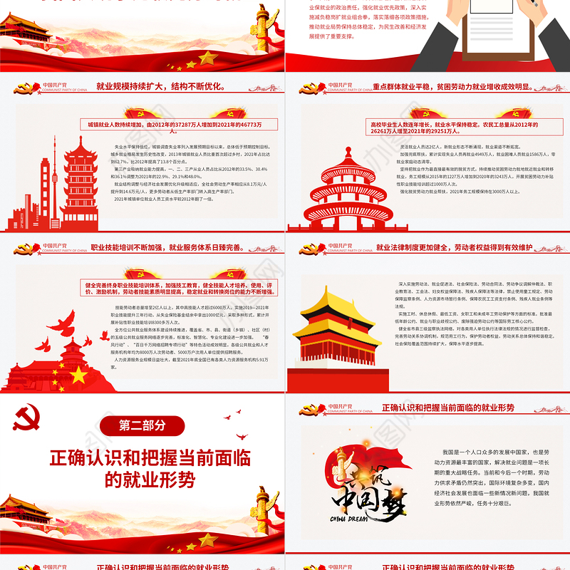 红色坚持就业优先推动实现更加充分更高质量就业PPT专题党课课件模板
