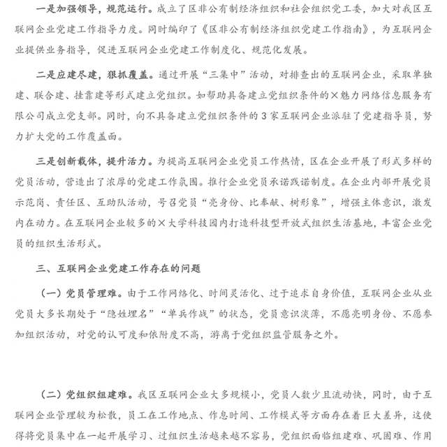 X区互联网企业党建工作情况总结