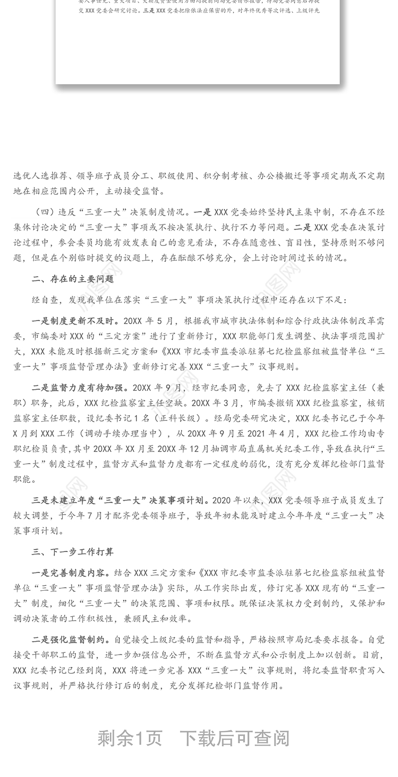 X市综合行政执法XXX关于“三重一大”决策制度执行情况的自查报告