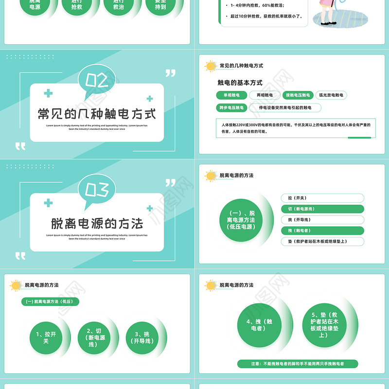 2022触电急救知识PPT绿色卡通风触电急救知识科普培训讲座课件模板