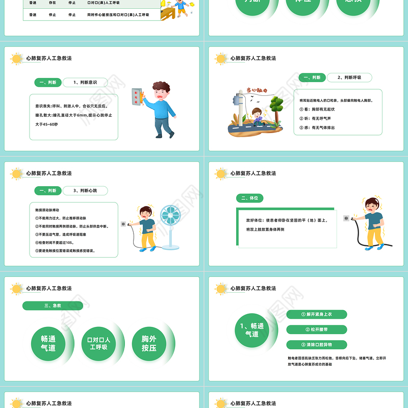 2022触电急救知识PPT绿色卡通风触电急救知识科普培训讲座课件模板