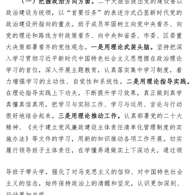 领导班子政治建设自评自查报告工作汇报总结