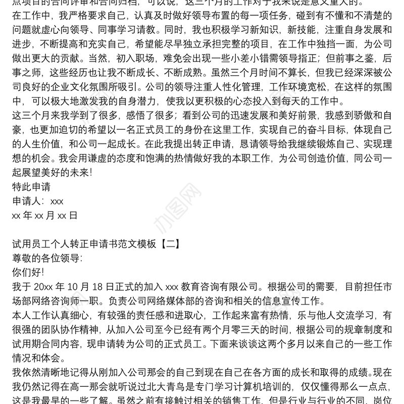 试用员工个人转正申请书范文模板