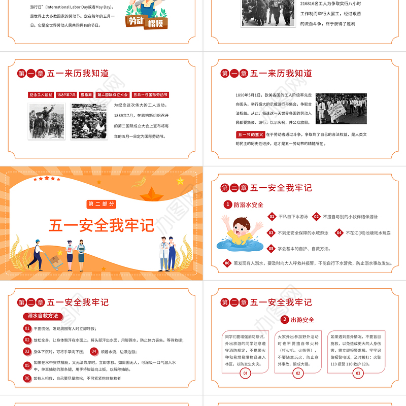 2022五一劳动节安全教育PPT卡通风五一劳动节安全教育主题班会课件模板