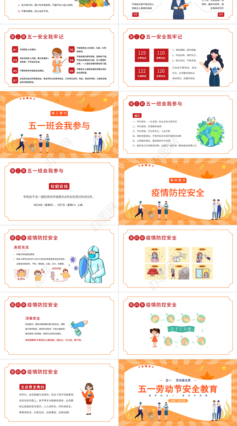 2022五一劳动节安全教育PPT卡通风五一劳动节安全教育主题班会课件模板