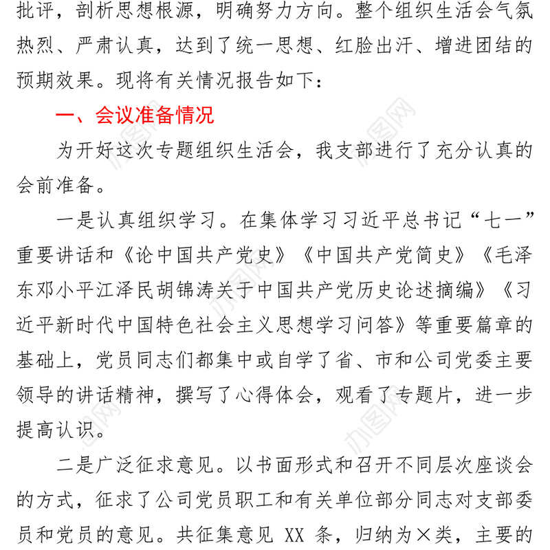 2021党史专题组织生活会召开情况总结报告