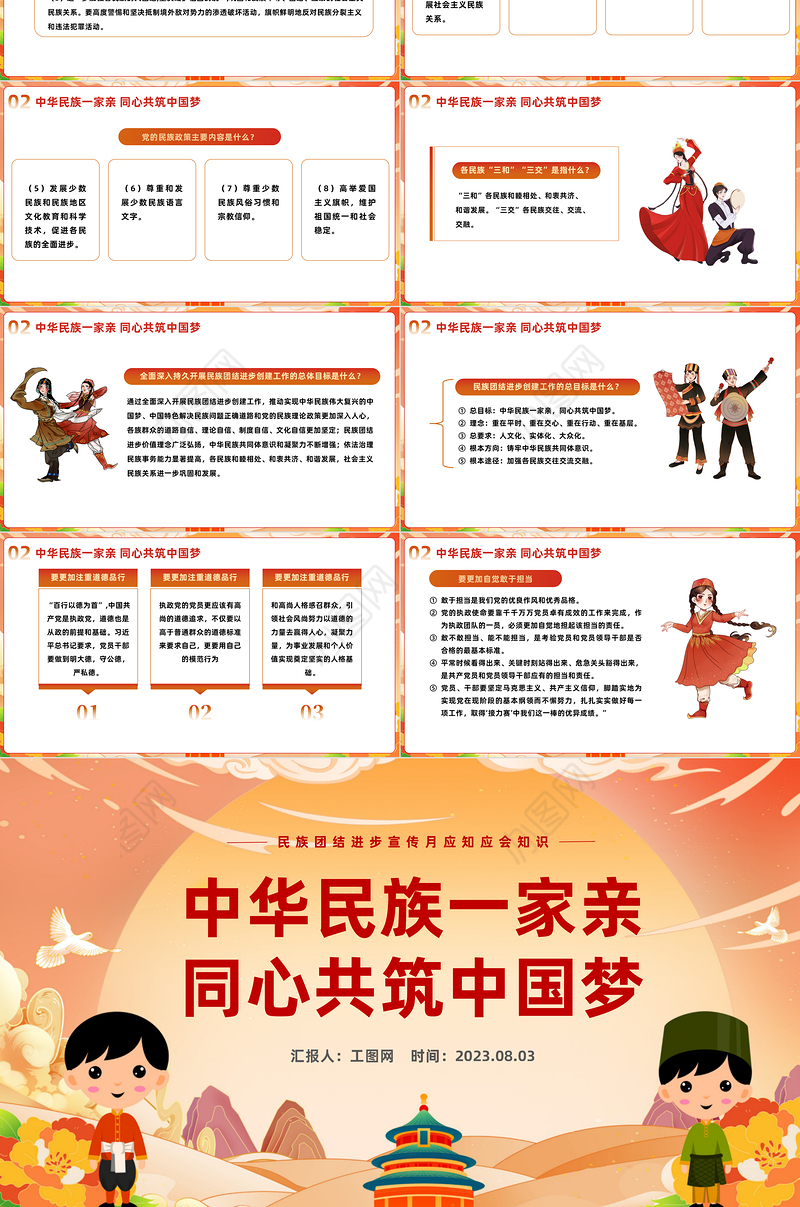 2023中华民族一家亲同心共筑中国梦PPT党政风民族团结进步宣传月应知应会知识课件模板下载