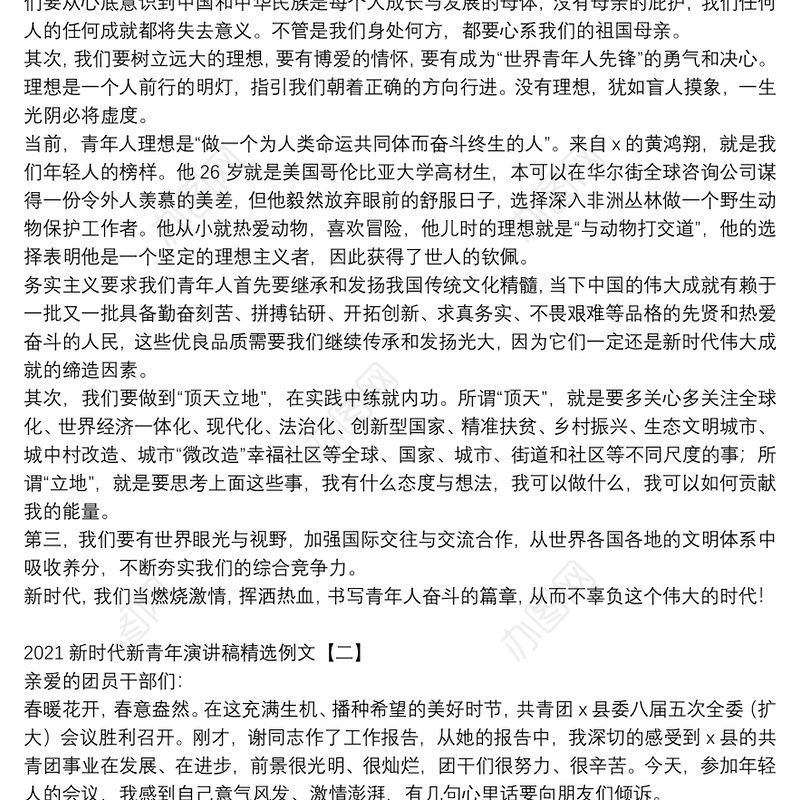 2021新时代新青年演讲稿精选例文