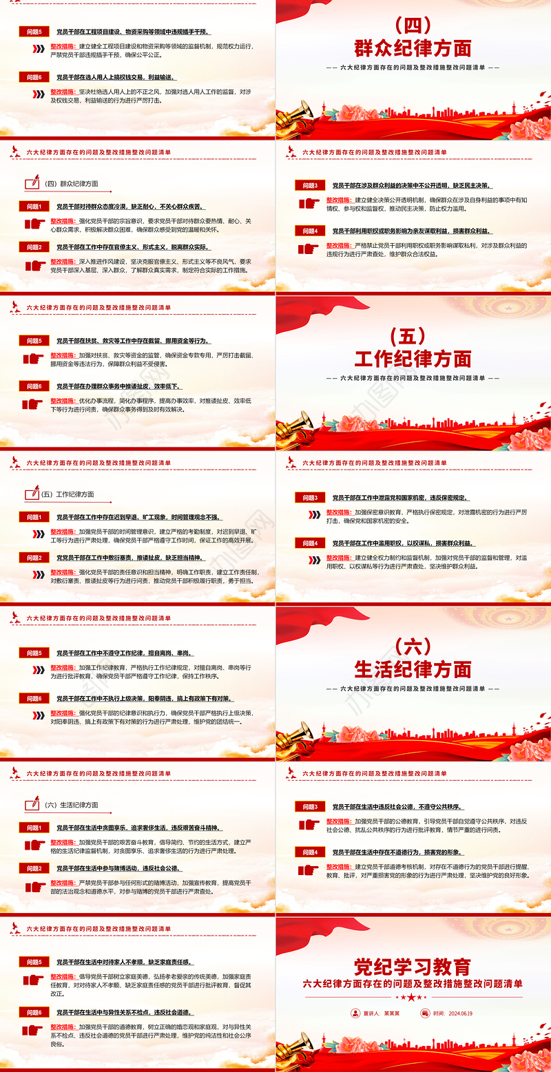 六大纪律方面存在的问题及整改措施整改问题清单PPT创意简洁党纪学习教育课件