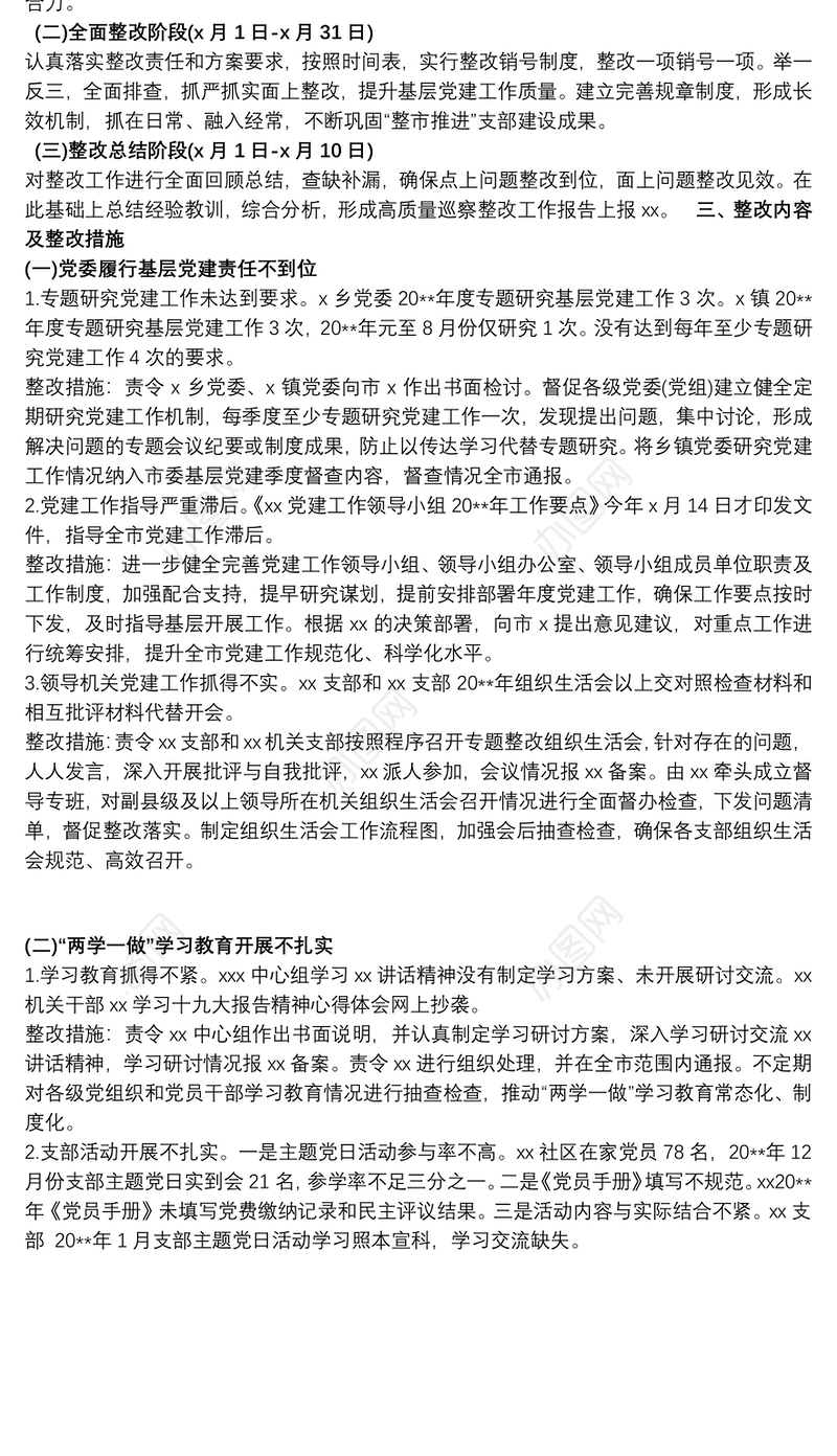 市基层党组织建设巡察反馈问题整改方案