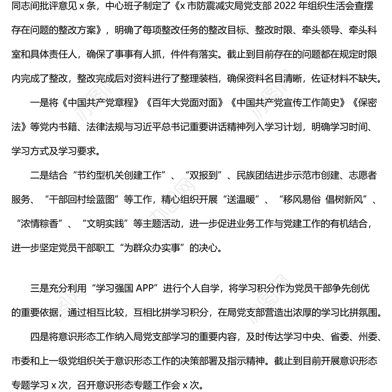 防震减灾局党支部关于党组织书记抓党建述职报告查摆问题整改回头看工作情况报告