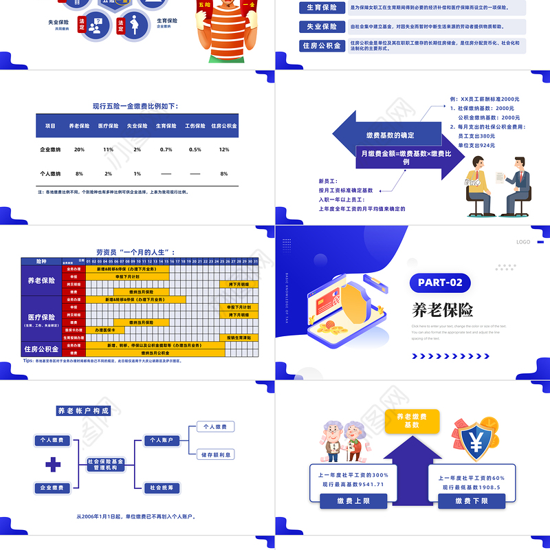 2022企业五险一金知识培训PPT蓝色插画风企业社会保险基础知识课件模板