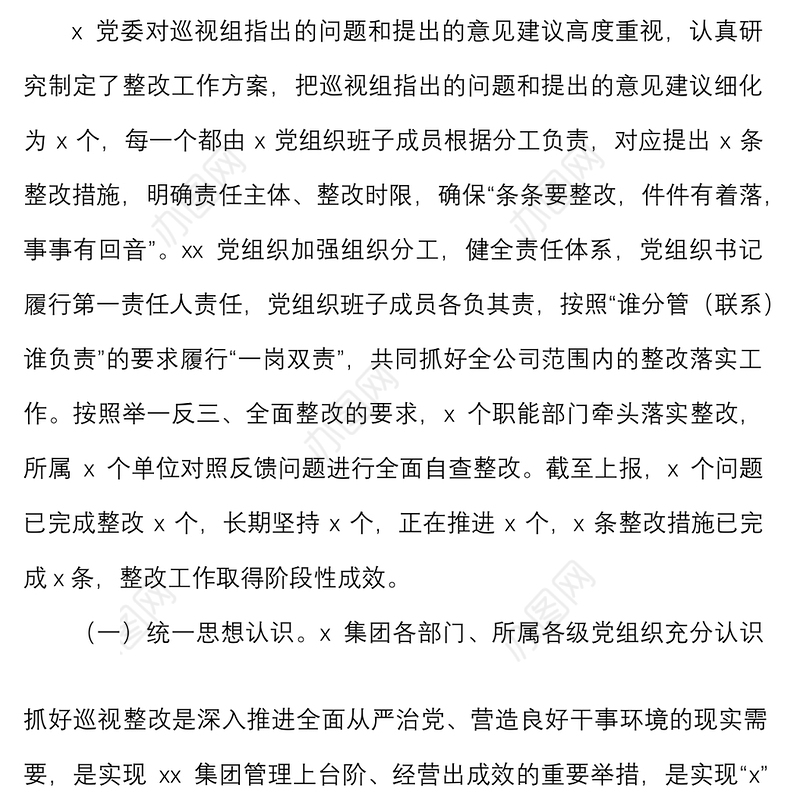 国企党委巡视反馈问题整改情况报告范文集团公司国有企业巡察整改工作汇报总结