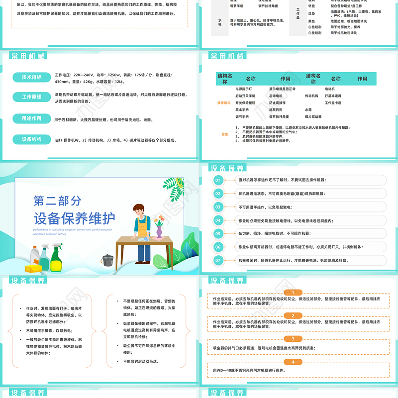2022保洁技能培训PPT简约风保洁常用机械工具使用及维护课件模板