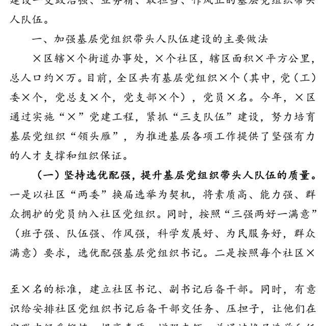 强基固本 务本责实 创新实践 全面打造一支过硬的基层党组织带头人队伍——关于基层党组织书记队伍建设的情况汇报