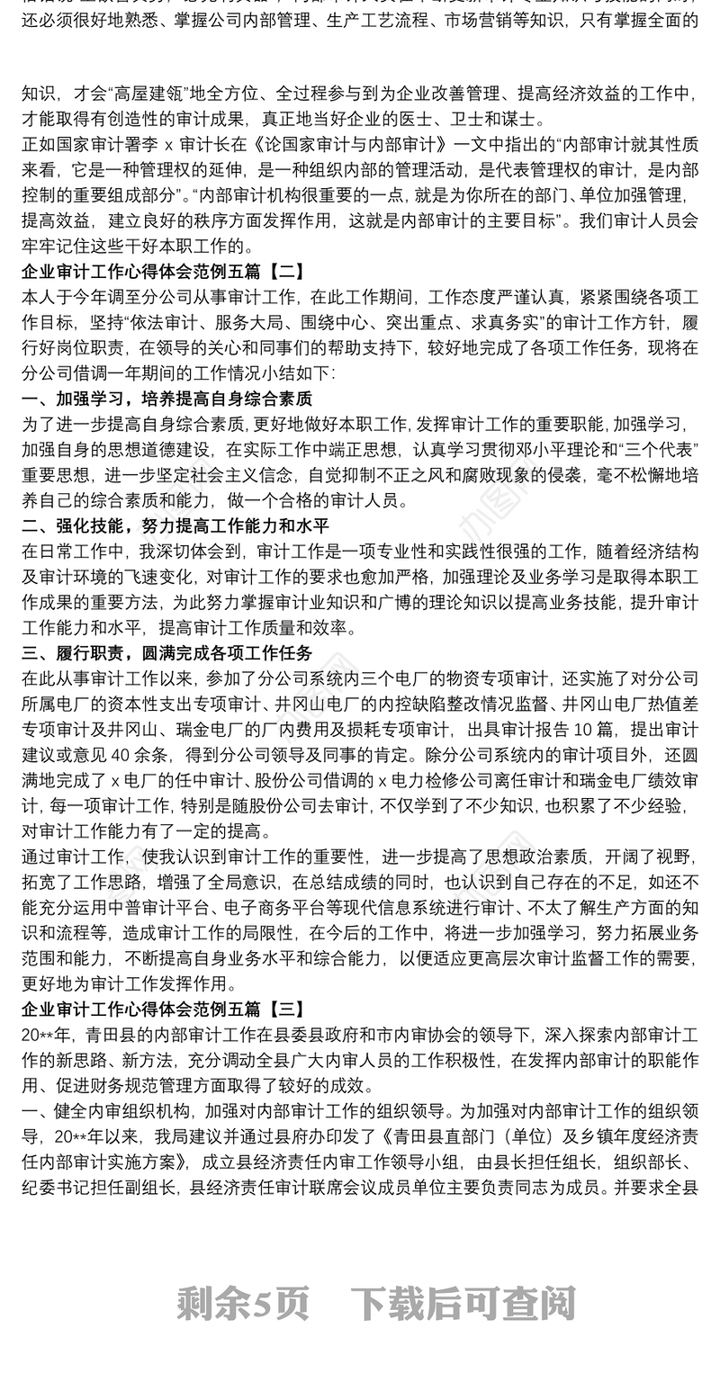 企业审计工作心得体会范例五篇