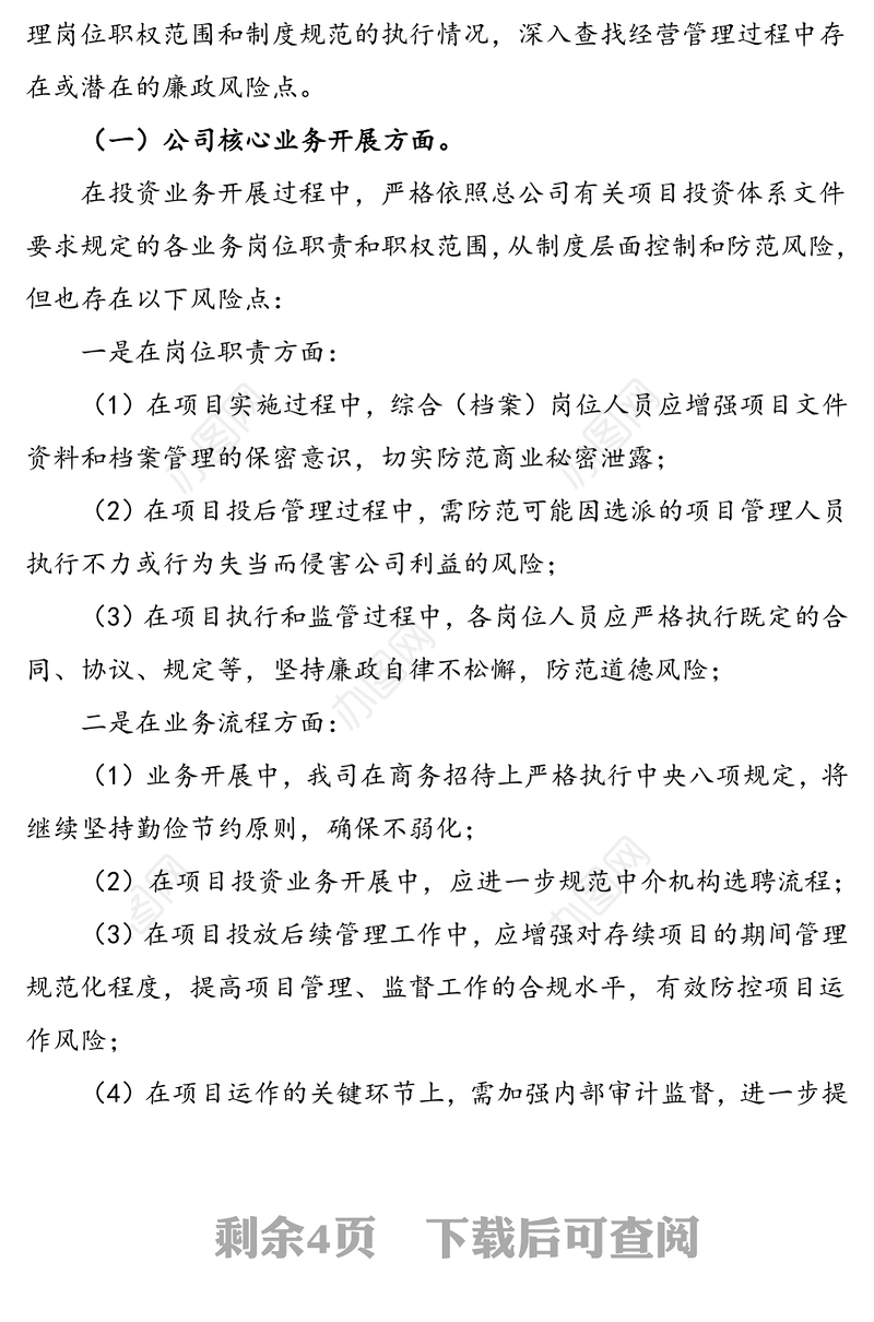 公司廉政风险排查工作报告