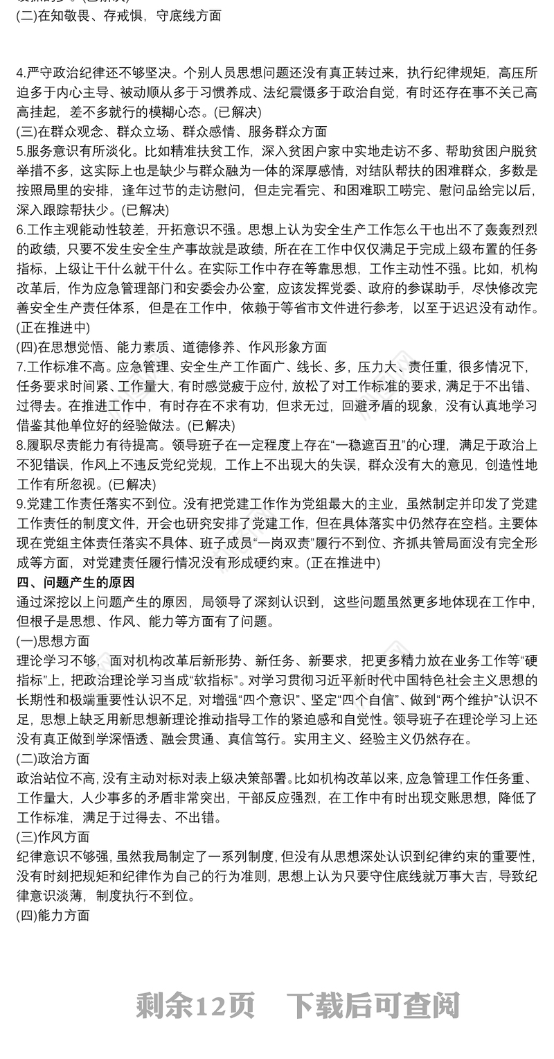 专题民主生活会领导班子检视剖析材料