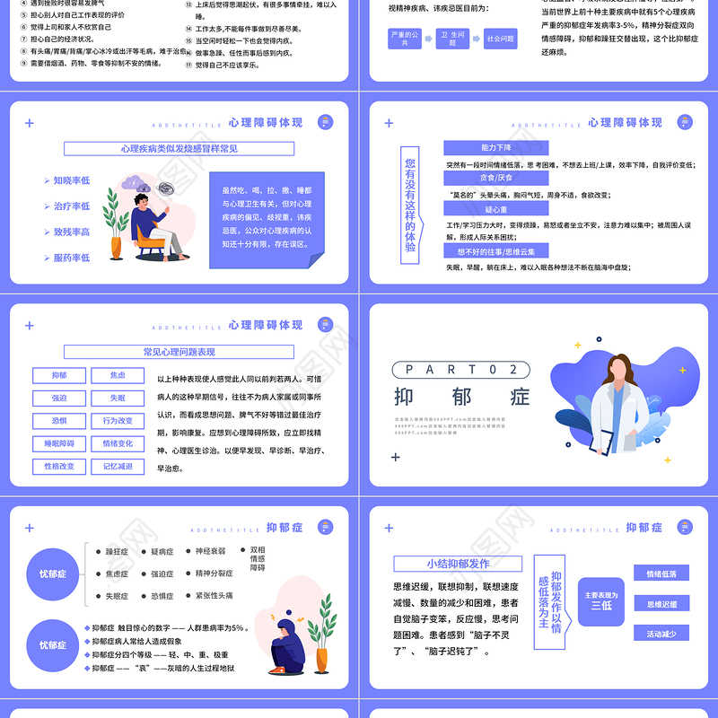 2022心理疾病的识别PPT蓝色卡通风关爱预防心理疾病专题课件模板