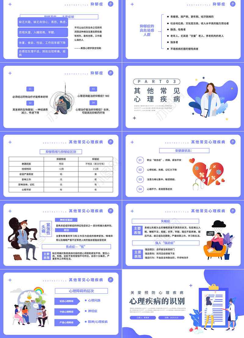 2022心理疾病的识别PPT蓝色卡通风关爱预防心理疾病专题课件模板