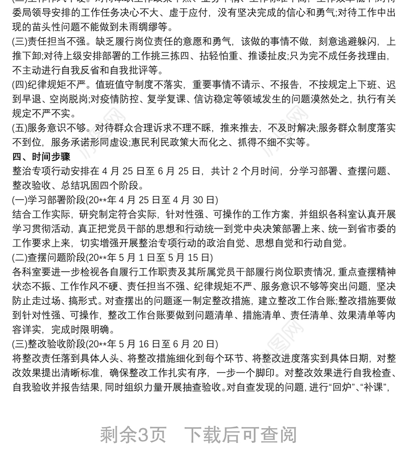 有关紧盯当前党员干部作风纪律突出问题集中开展整治专项行动工作方案