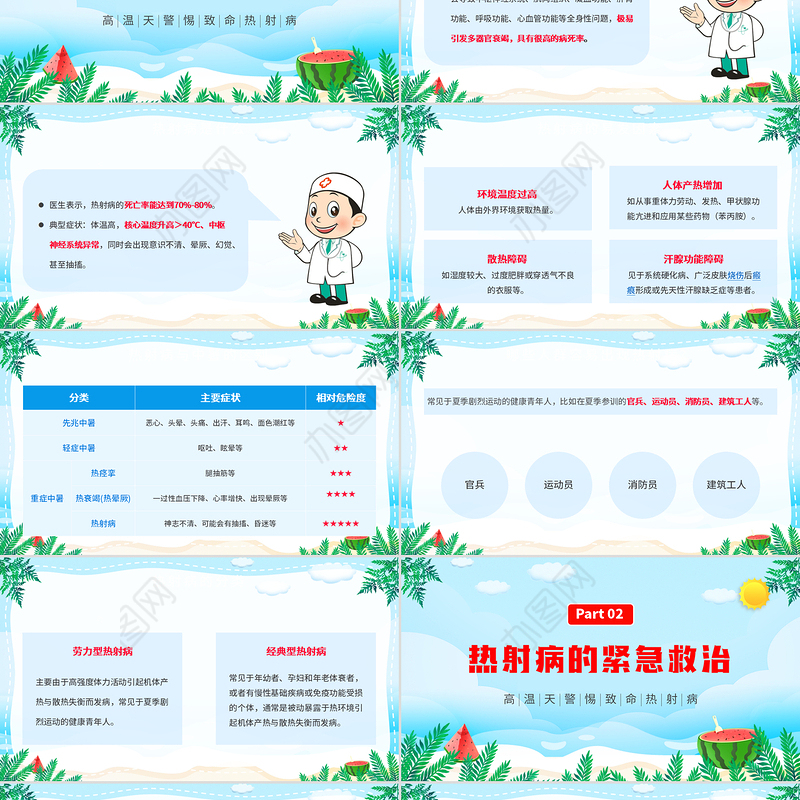 2022热射病科普宣传PPT卡通风高温天气防暑降温疾病预防知识讲座课件模板
