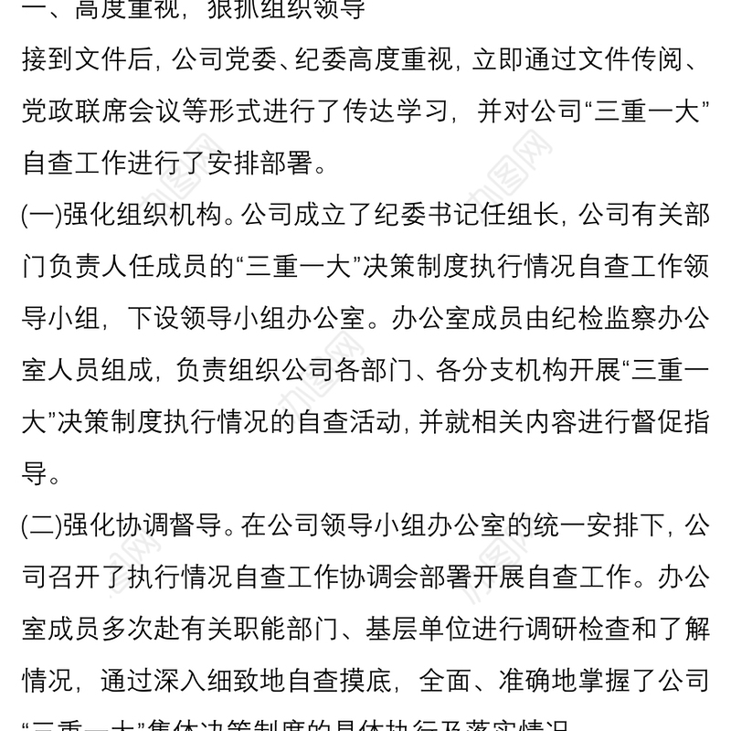 公司三重一大自查情况工作汇报