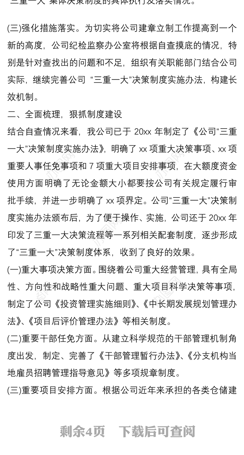 公司三重一大自查情况工作汇报