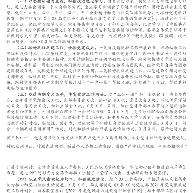 2021年X局党支部党建工作总结及下年度工作计划