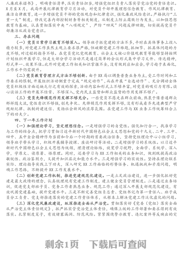 2021年X局党支部党建工作总结及下年度工作计划