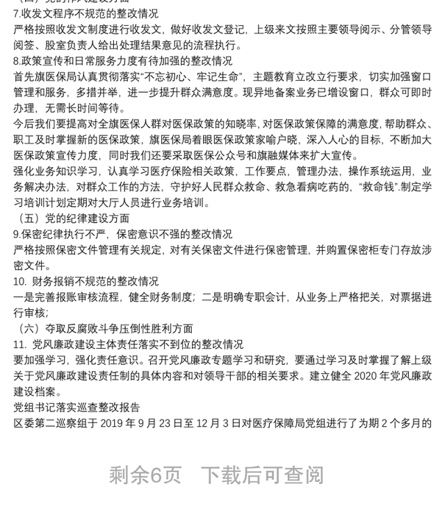 党组书记落实巡查整改报告
