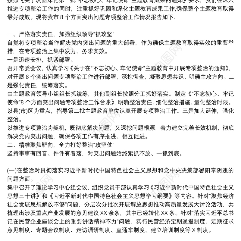 “不忘初心、牢记使命”主题教育专项整治、整改工作总结汇报