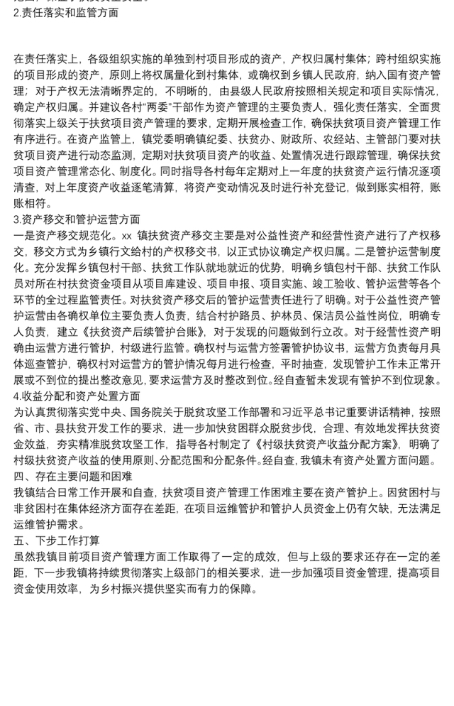 镇扶贫项目资产管理工作总结和自查报告