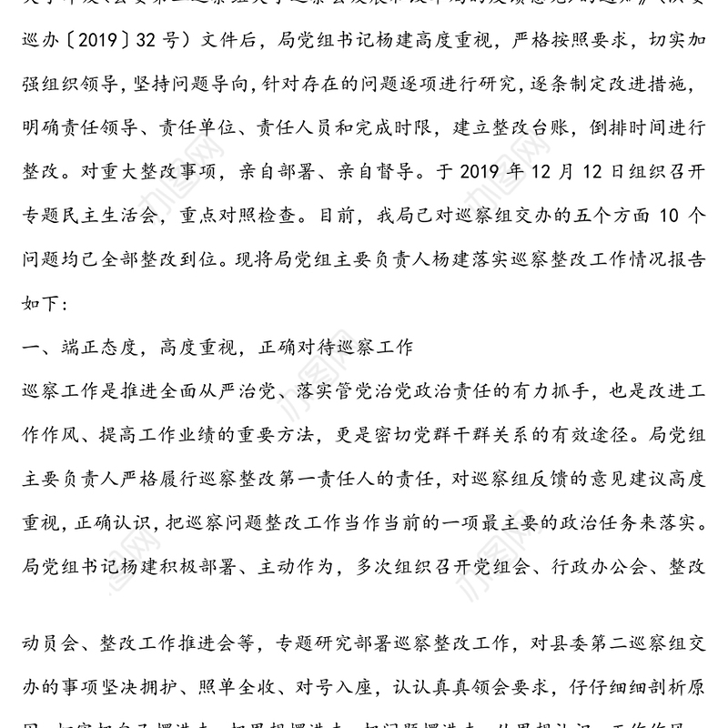 关于党组主要负责人落实巡察整改工作的情况报告