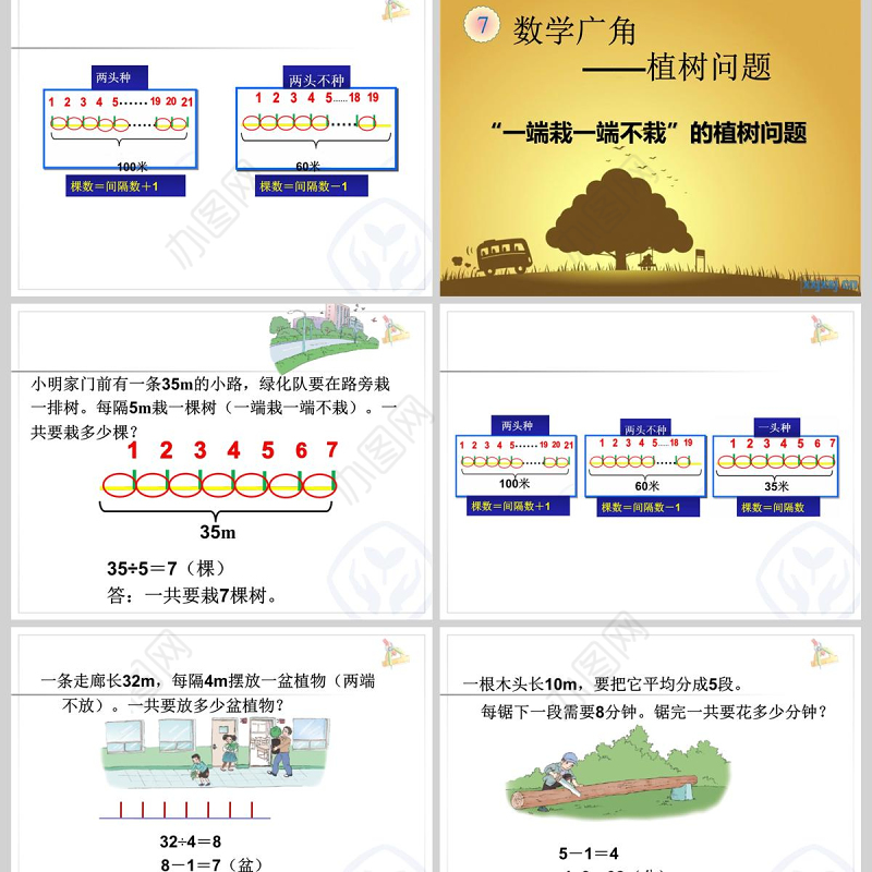  植树问题-例1、例2(两端栽、两头不栽、一端栽一端不栽)ppt模板